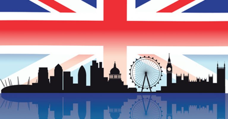 London skyline with flag